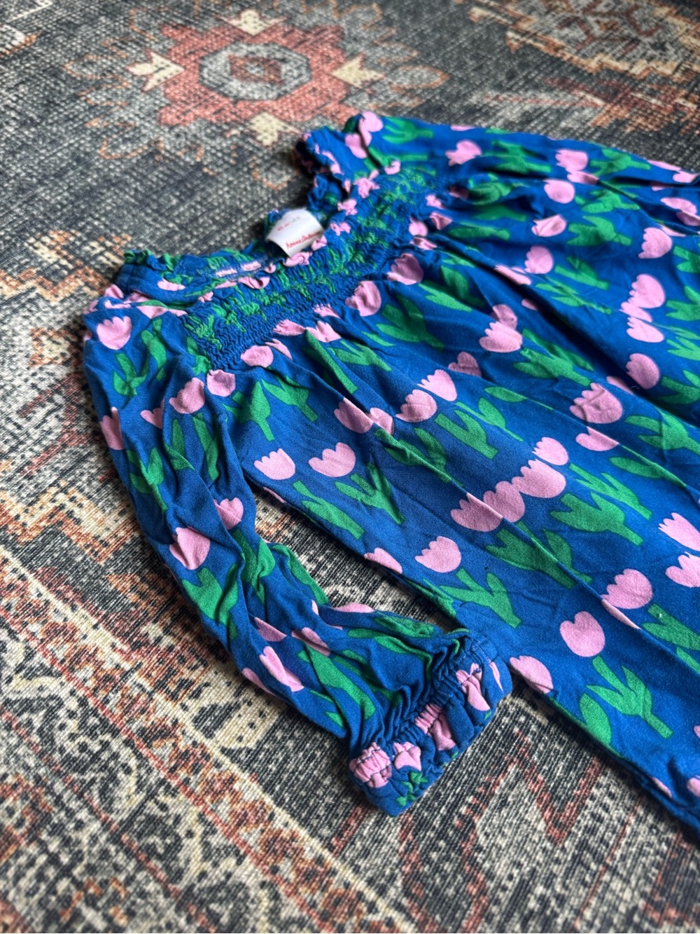 Hanna Andersson Blue Floral Onesie with Pink Tulips